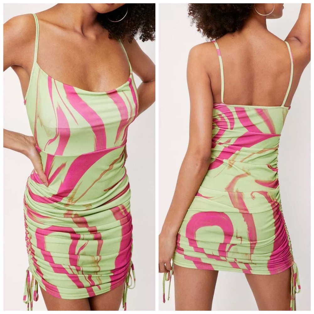 Nasty Gal Lime Green & Hot Pink Marble Print Ruched Cowl Neck Dress NWT